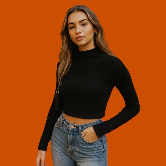 Better Be Black Long Sleeve Cropped Mock Neck Top – Streetwear Basic - Picture 1 of 7